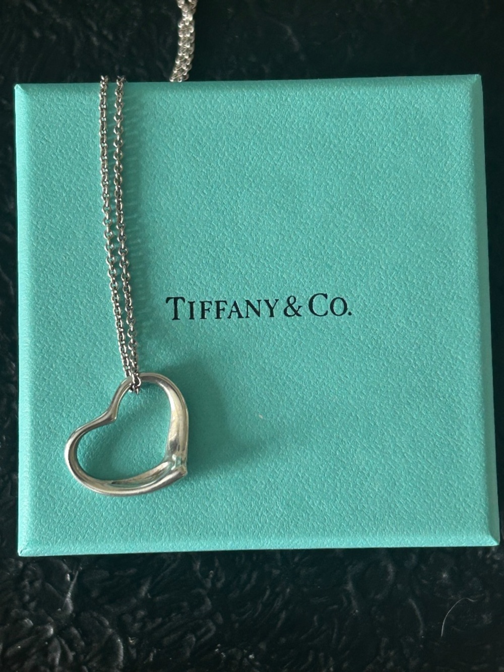 70s Tiffany & Co Medium Open Heart 16” Necklace .925 silver In Box